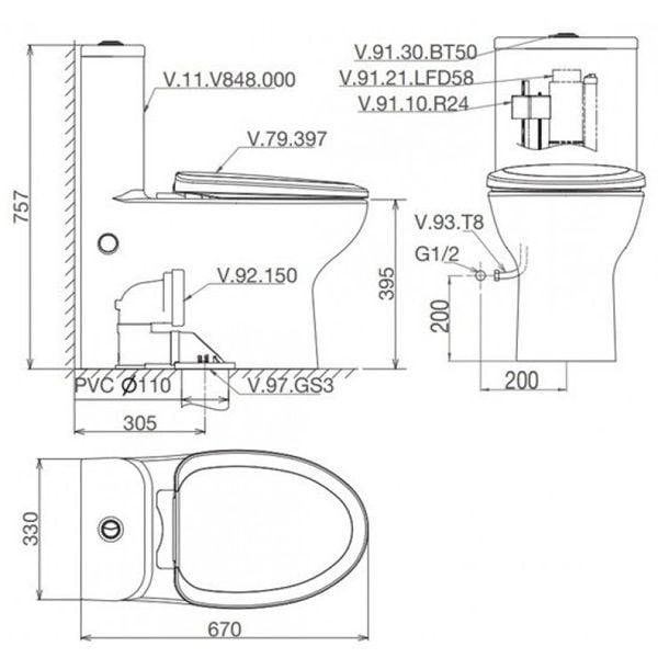 Bàn cầu 1 khối Viglacera V848