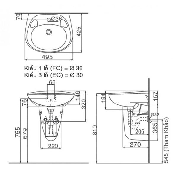 Chậu rửa treo tường Inax L-284V(EC/FC) và L-284VC chân chậu