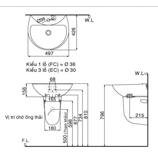 Chậu rửa treo tường Inax L-285V(EC/FC) và L-288VC chân chậu