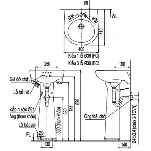 Chậu rửa treo tường Inax L-282V(EC/FC) và L-284VD Chân chậu