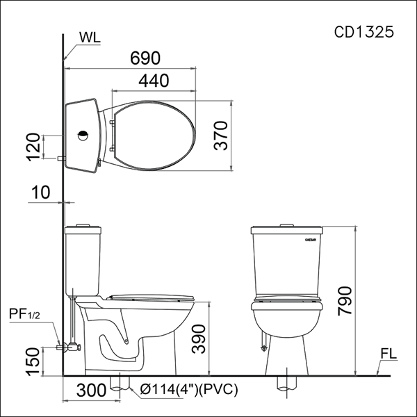 Bàn cầu 2 khối Caesar nắp êm CDS1325