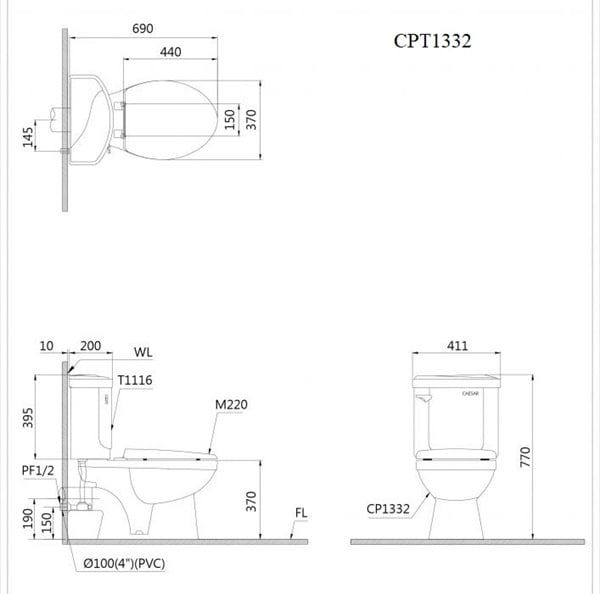 Bàn cầu thoát ngang 2 khối Caesar CPT1332