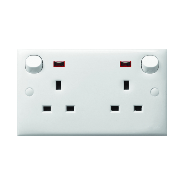 Bộ ổ cắm đôi 3 chấu 13A có công tắc đèn báo, kiểu Anh Schneider E30 E25N_WE_G19