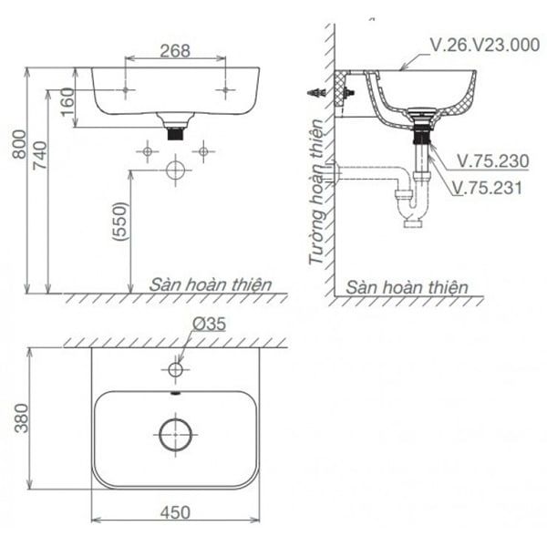 Chậu Rửa Lavabo Viglacera V23 Mekong Treo Tường
