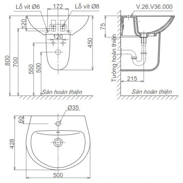 Chậu Rửa Lavabo Viglacera V36 Chân Treo