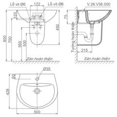 Chậu Rửa Lavabo Viglacera V36 Chân Treo
