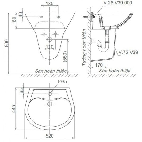 Chậu Rửa Lavabo Viglacera V39 Chân Treo