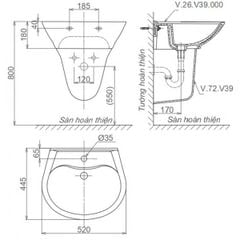 Chậu Rửa Lavabo Viglacera V39 Chân Treo
