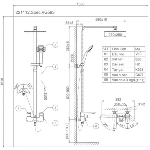 Vòi Sen Cây Viglacera VG593 Nóng Lạnh