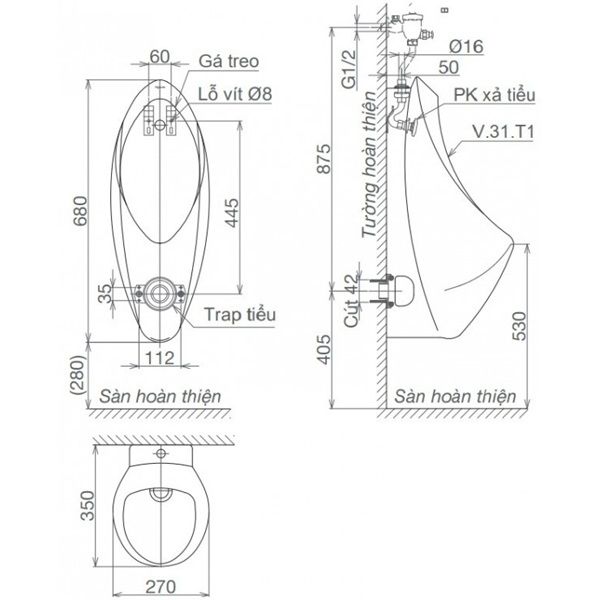 Bồn Tiểu Nam Viglacera T1 Treo Tường