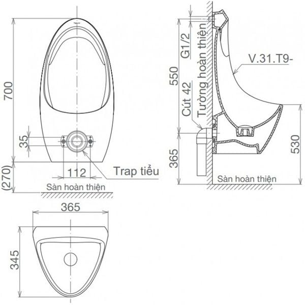 Bồn Tiểu Nam Viglacera T9 Treo Tường