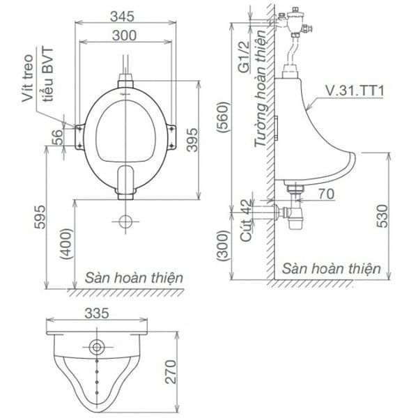 Bệ Tiểu Nam Viglacera TT1 (BS601) Treo Tường