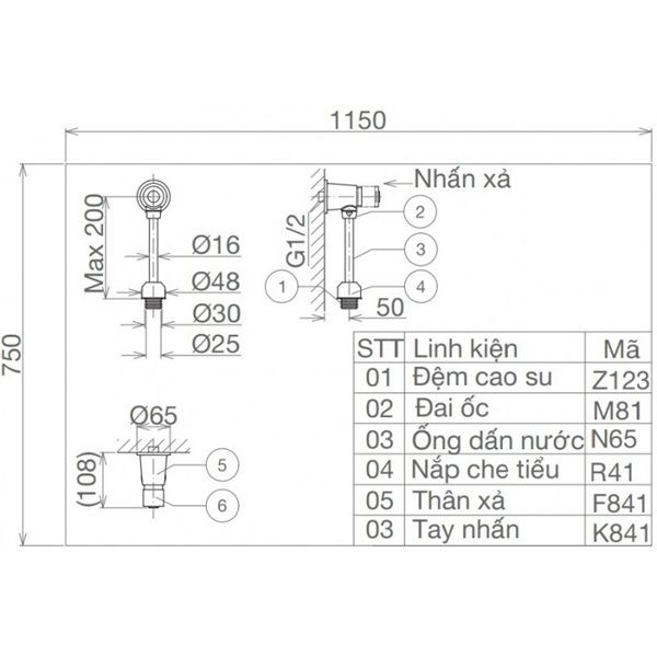 Van Xả Bồn Tiểu Nam Viglacera VG841 Nhấn Ống Thẳng
