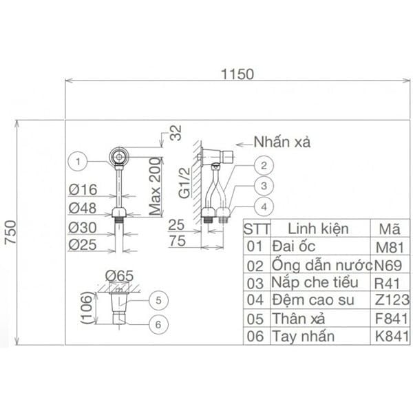Van Xả Bồn Tiểu Nam Viglacera VG841.1 Nhấn Ống Cong