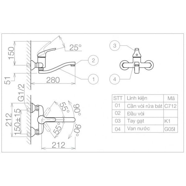 Vòi Bếp Viglacera VG701 Nóng Lạnh Gắn Tường