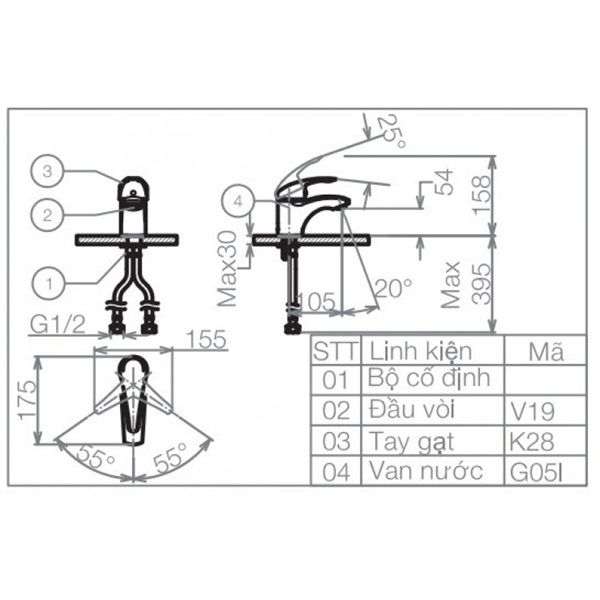 Vòi Chậu Lavabo Nóng Lạnh Viglacera VG104