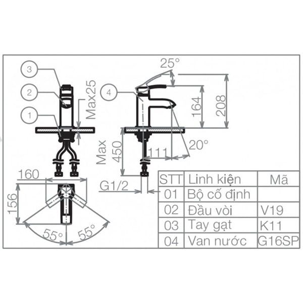 Vòi Chậu Rửa Mặt Lavabo Viglacera VG111 Nóng Lạnh