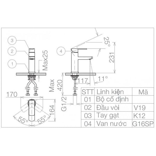 Vòi Chậu Rửa Măt Lavabo Viglacera VG112 Nóng Lạnh