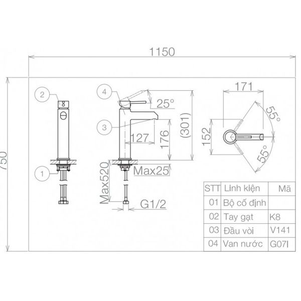 Vòi Chậu Rửa Măt Lavabo Viglacera VG141.1 Nóng Lạnh Cổ Cao