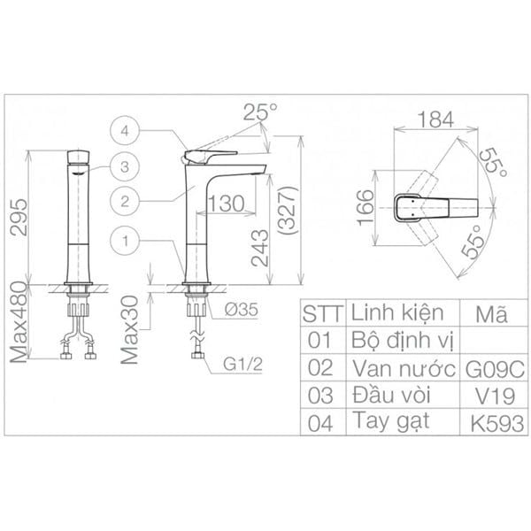 Vòi Lavabo Viglacera VG143.1 Nóng Lạnh Thân Cao