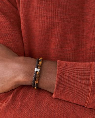  FOSSIL - Vòng đeo tay nam dây da phối chuỗi hạt mắt hổ 