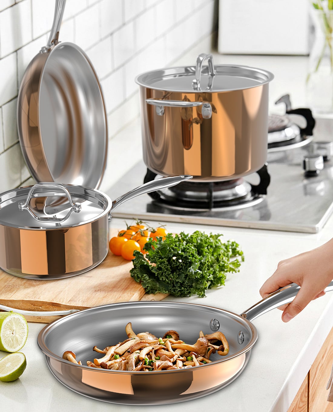 CIWETE - Bộ nồi và chảo inox cao cấp màu đồng 6 món