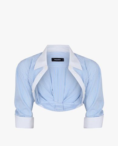  DSQUARED2 - Áo sơ mi nữ cổ bẻ tay dài vạt xoắn phối sọc Shrug 
