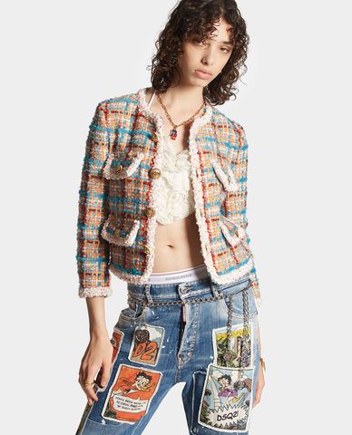  DSQUARED2 - Áo khoác tweed nữ cổ tròn tay dài phối sọc Upper East 