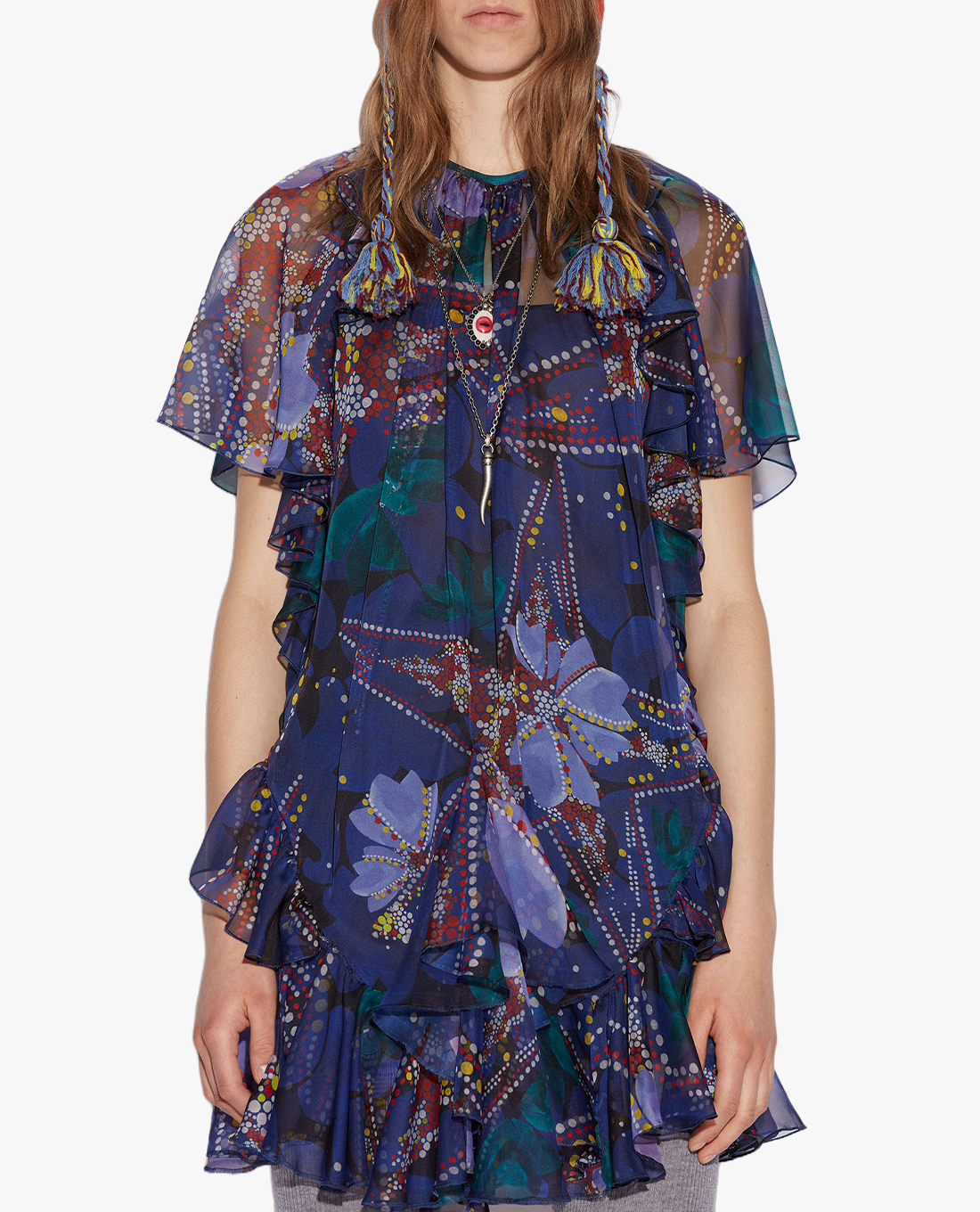 DSQUARED2 - Đầm xếp tầng mini cổ tròn Retro Blossom