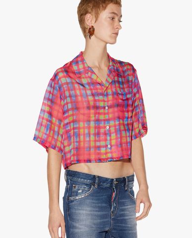  DSQUARED2 - Áo sơ mi nữ tay ngắn phom croptop Hawaiian 