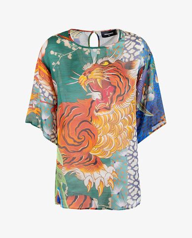  DSQUARED2 - Áo kiểu nữ cổ tròn tay ngắn Zodiac Print 