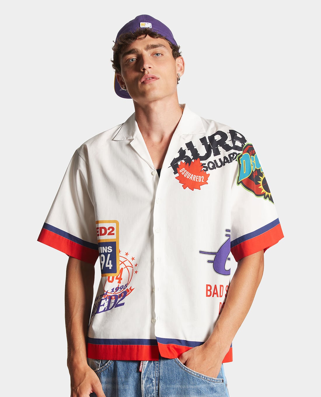 DSQUARED2 - Áo sơ mi nam cổ bẻ tay ngắn phối logo Logomania Bowling