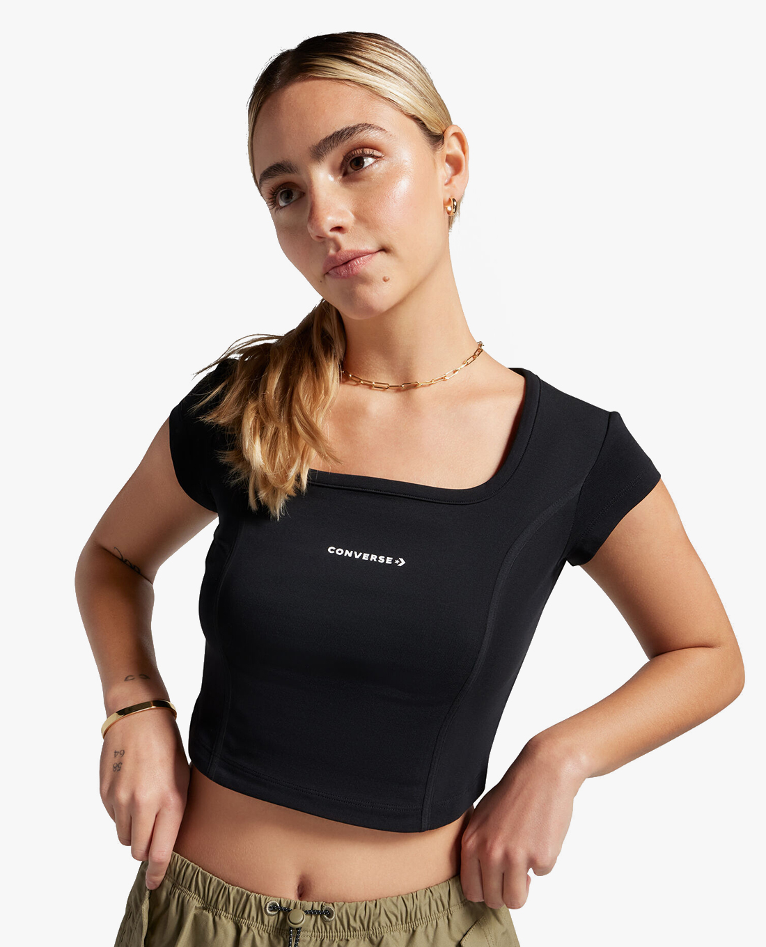 CONVERSE - Áo croptop nữ cổ vuông tay ngắn Wordmark Corset