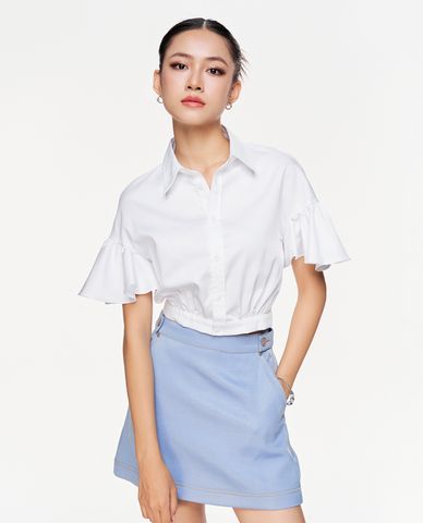  GIGI - Áo sơ mi nữ croptop cổ bẻ tay ngắn xếp nếp thời trang 