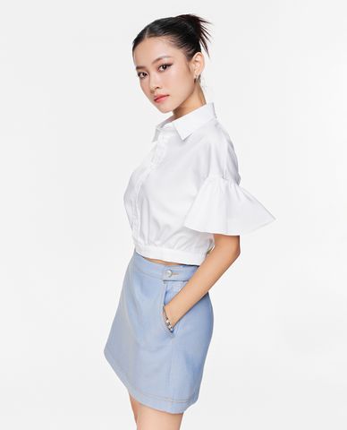  GIGI - Áo sơ mi nữ croptop cổ bẻ tay ngắn xếp nếp thời trang 