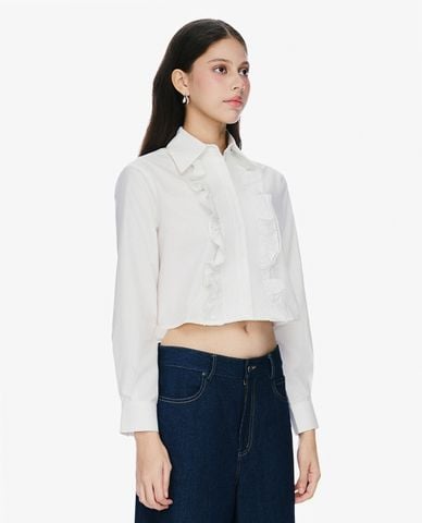  GIGI - Áo sơ mi nữ croptop cổ bẻ tay dài phối bèo 