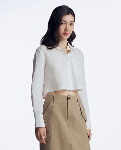  GIGI - Áo sơ mi nữ croptop cổ bẻ tay dài phối logo thêu tinh tế 