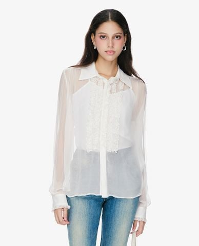  GIGI - Áo sơ mi nữ xuyên thấu cổ bẻ tay dài phối bèo thời trang 