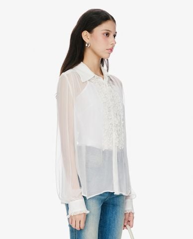  GIGI - Áo sơ mi nữ xuyên thấu cổ bẻ tay dài phối bèo thời trang 