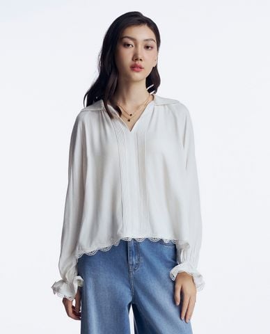  GIGI - Áo kiểu nữ cổ V tay dài phối xếp li mảnh 