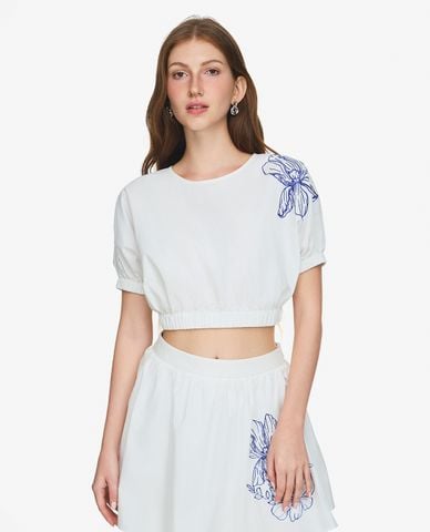  GIGI - Áo croptop nữ cổ tròn tay ngắn bo chun phối họa tiết hoa 