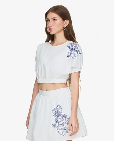  GIGI - Áo croptop nữ cổ tròn tay ngắn bo chun phối họa tiết hoa 