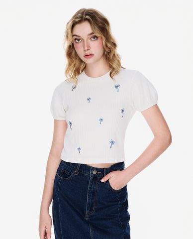  GIGI - Áo dệt kim nữ cổ tròn tay phồng 