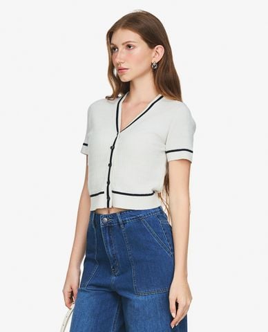  GIGI - Áo dệt kim nữ cổ V tay ngắn phom croptop 