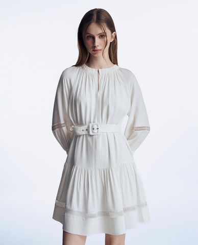  GIGI - Đầm xếp li mini cổ tròn tay dài phối thắt lưng thời thượng 