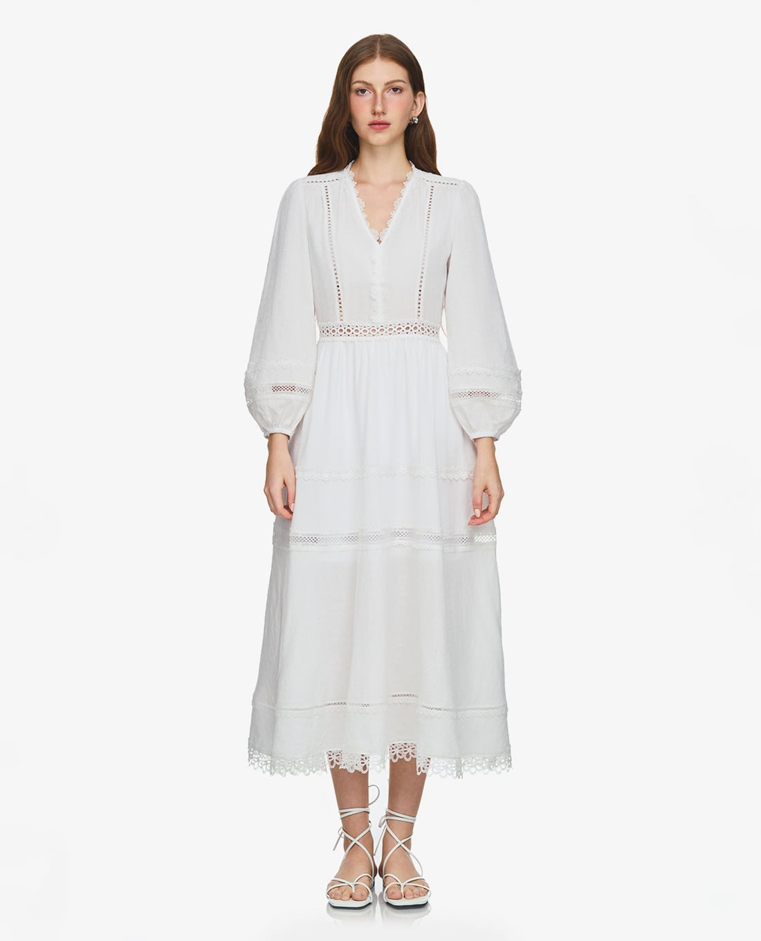 GIGI - Đầm xếp tầng midi cổ V tay phồng