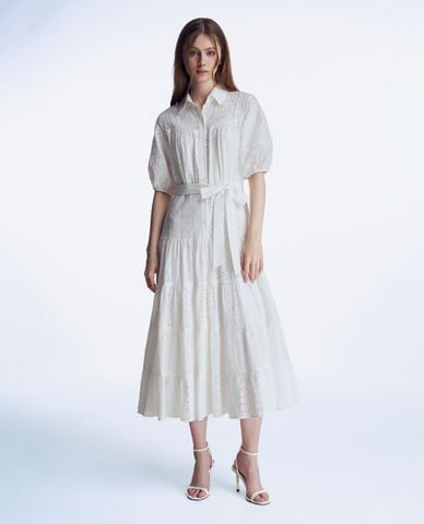  GIGI - Đầm sơ mi xếp tầng midi cổ bẻ tay ngắn phối thắt lưng thanh lịch 