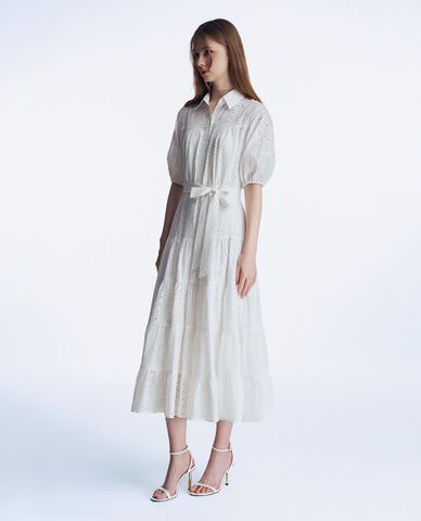  GIGI - Đầm sơ mi xếp tầng midi cổ bẻ tay ngắn phối thắt lưng thanh lịch 