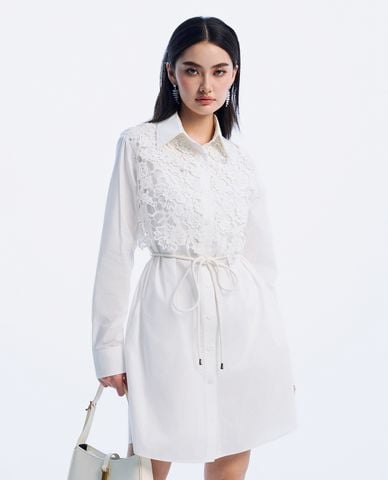  GIGI - Đầm sơ mi mini cổ bẻ tay dài phối ren thời trang 