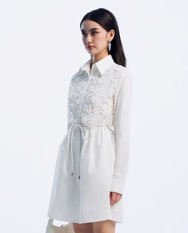  GIGI - Đầm sơ mi mini cổ bẻ tay dài phối ren thời trang 